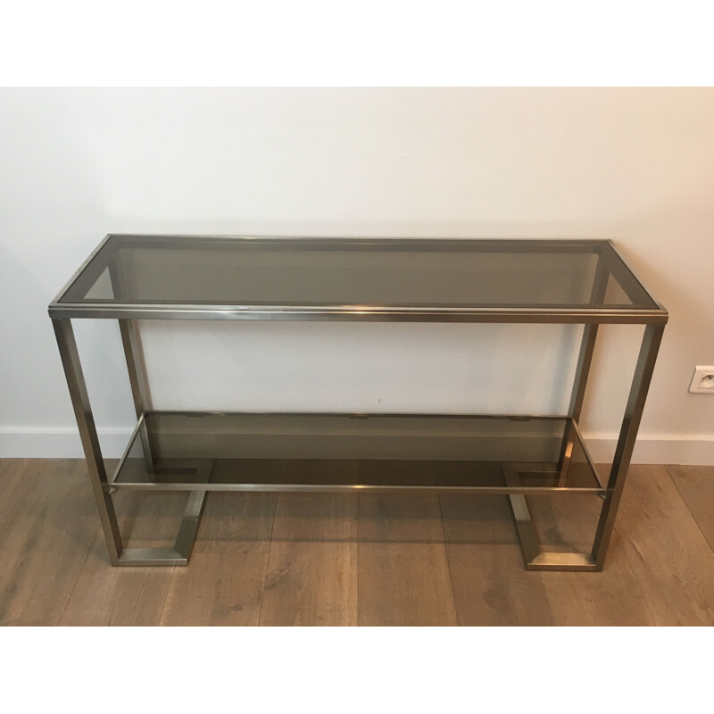 Vintage Console in Brushed Steel and Smoked Glass Trays 1970