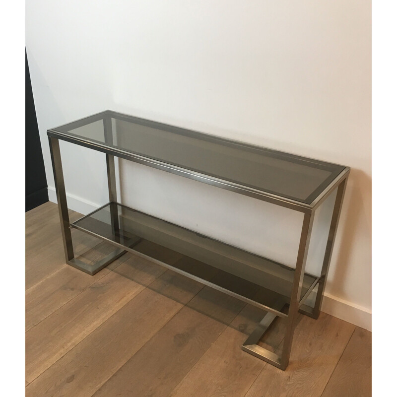 Vintage Console in Brushed Steel and Smoked Glass Trays 1970
