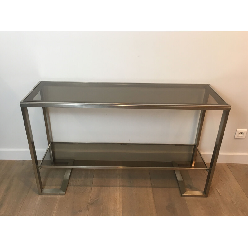 Vintage Console in Brushed Steel and Smoked Glass Trays 1970