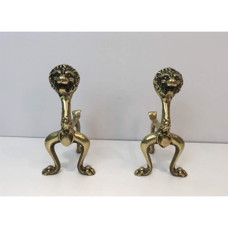 Paire de Chenets vintage en Bronze aux Lion 1990