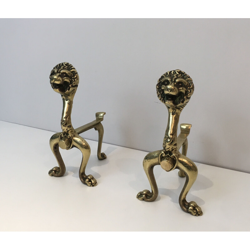 Pair of Vintage Bronze Chenets with Lion 1990