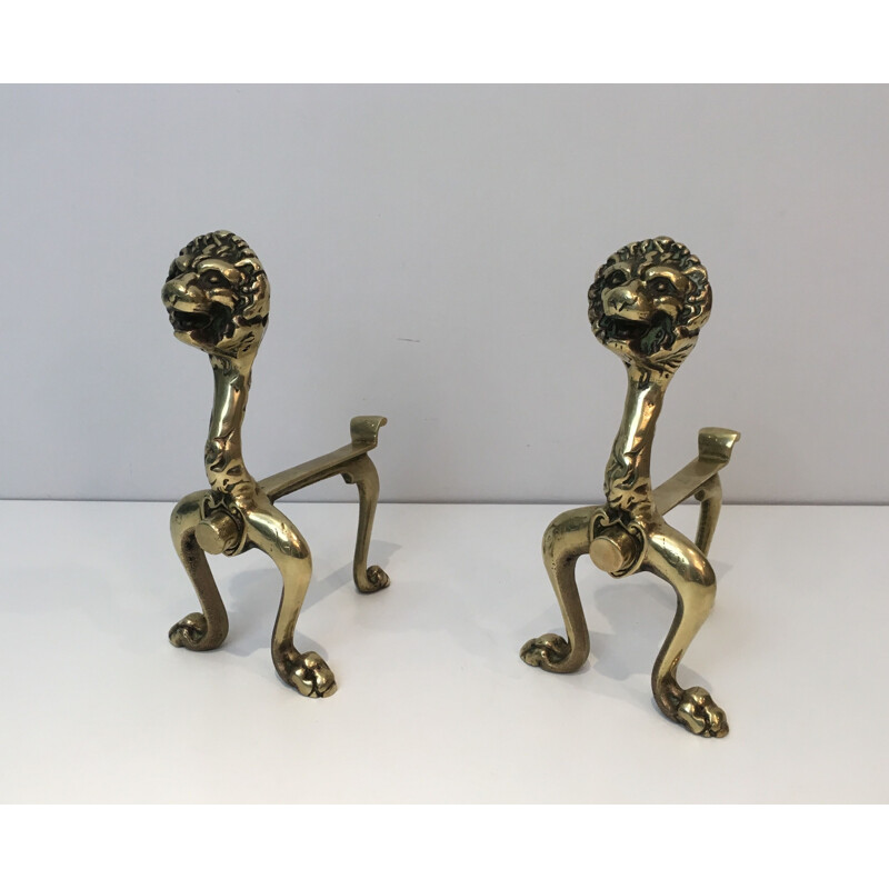 Pair of Vintage Bronze Chenets with Lion 1990