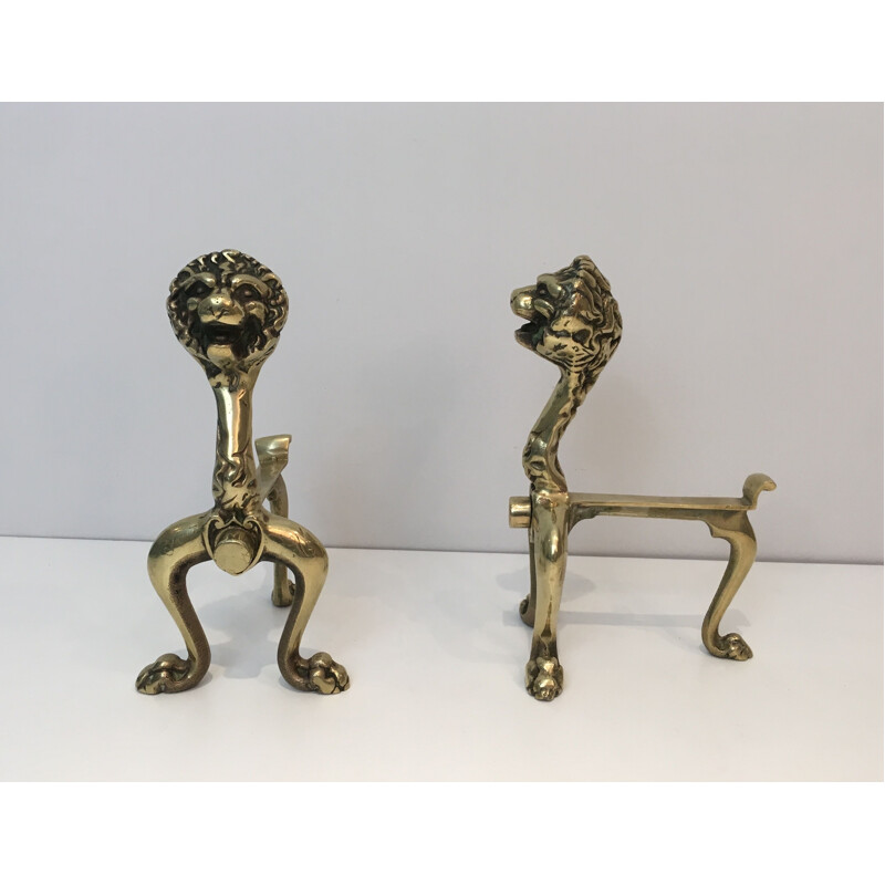 Paire de Chenets vintage en Bronze aux Lion 1990
