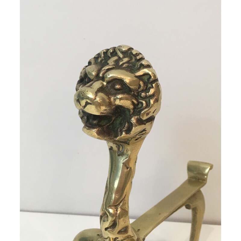 Pair of Vintage Bronze Chenets with Lion 1990
