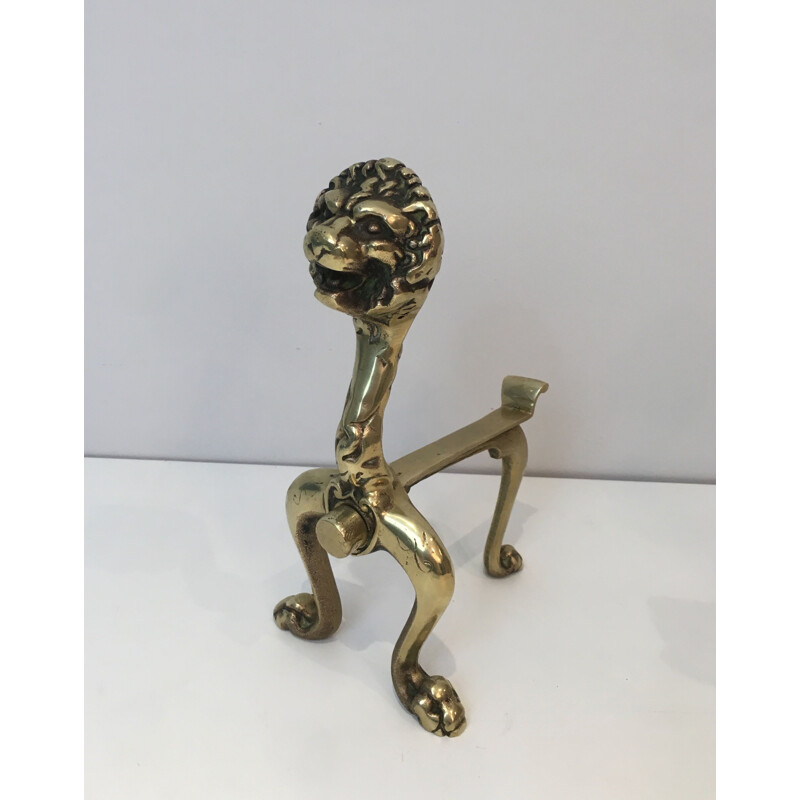 Pair of Vintage Bronze Chenets with Lion 1990