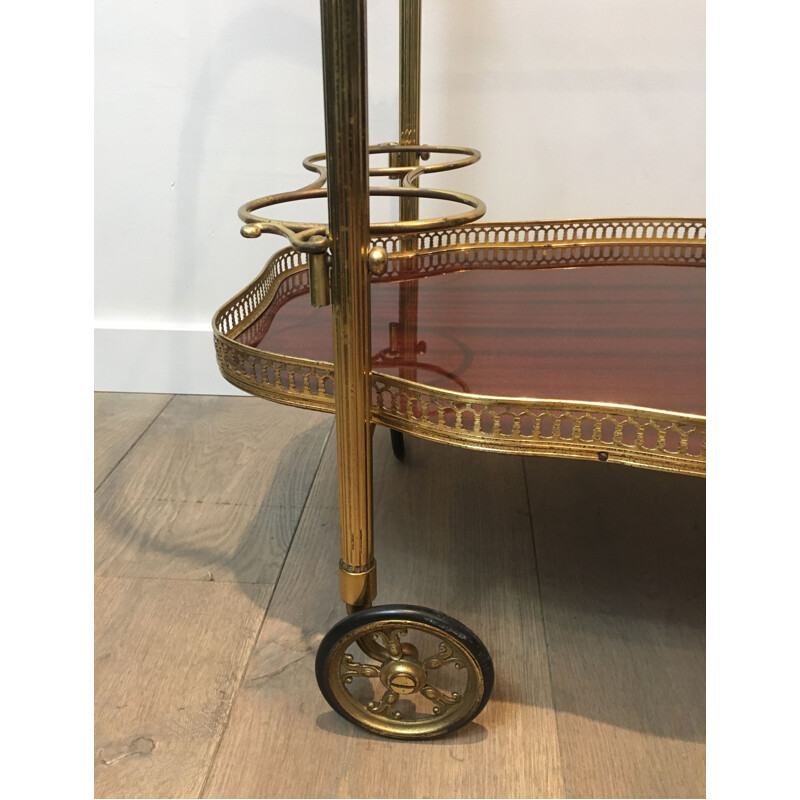 Vintage brass and mahogany rolling table, France 1940