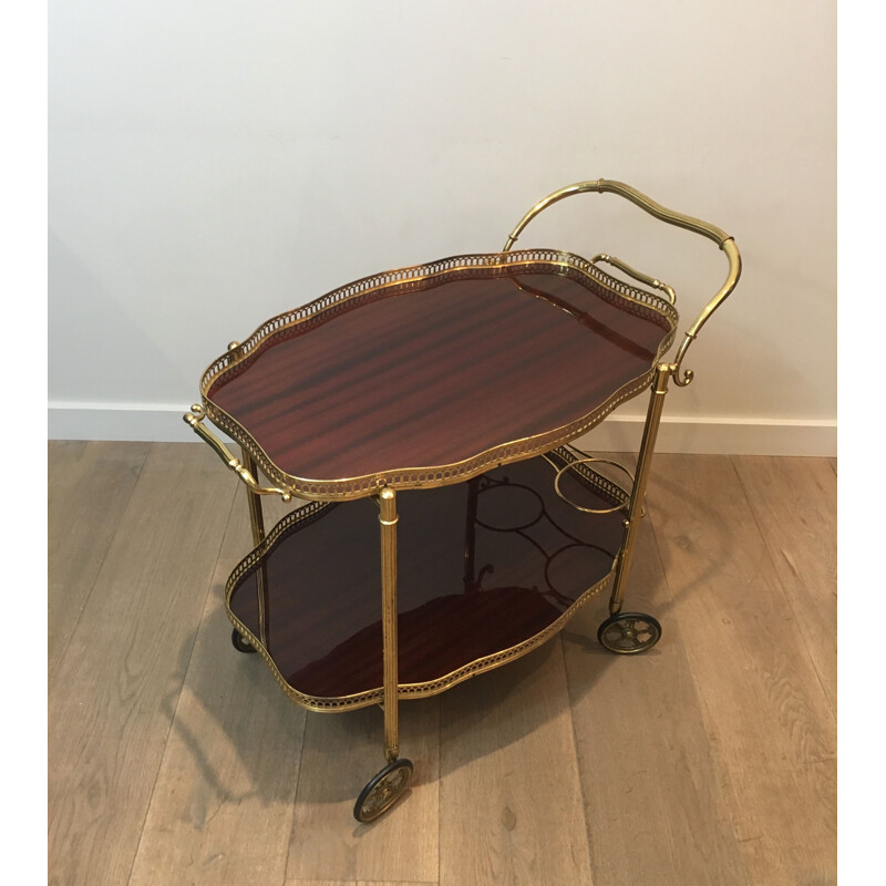 Vintage brass and mahogany rolling table, France 1940