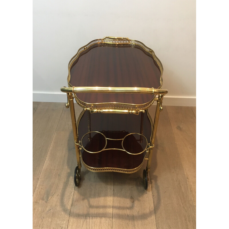 Vintage brass and mahogany rolling table, France 1940