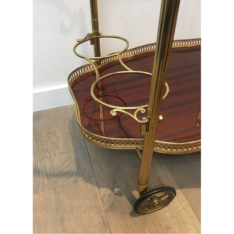 Vintage brass and mahogany rolling table, France 1940