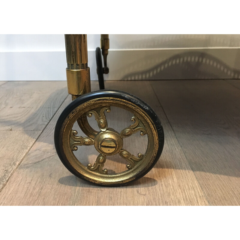 Vintage brass and mahogany rolling table, France 1940