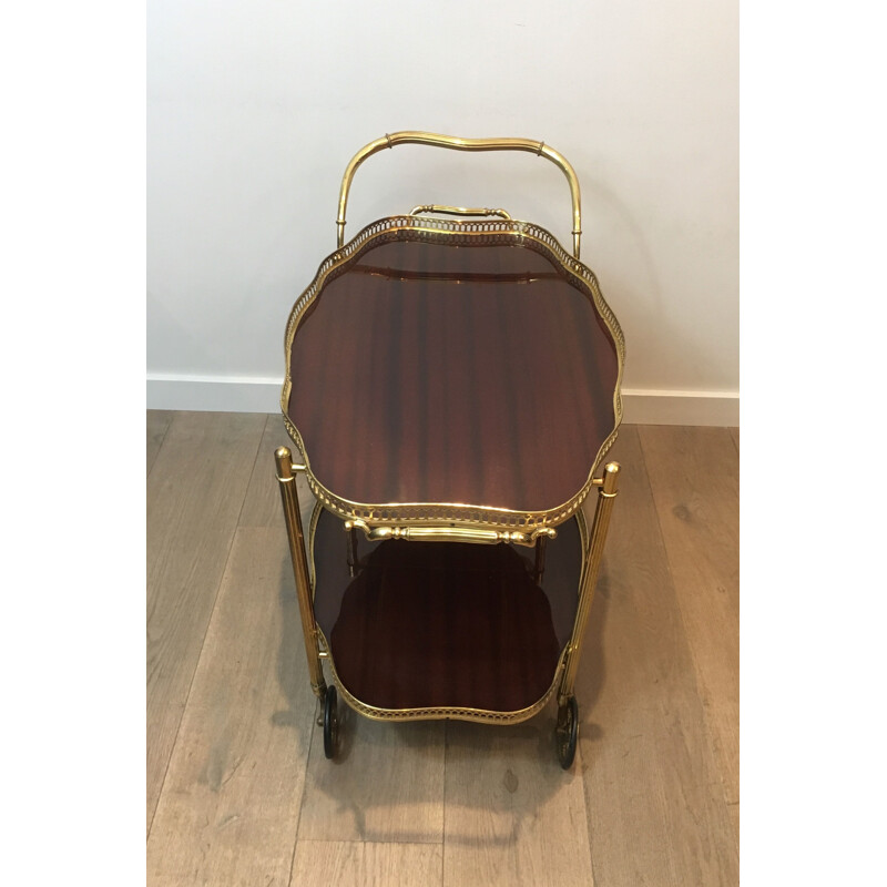 Vintage brass and mahogany rolling table, France 1940