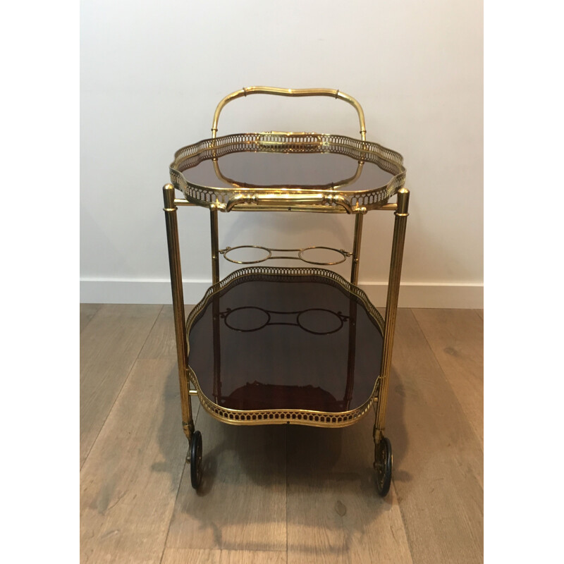 Vintage brass and mahogany rolling table, France 1940