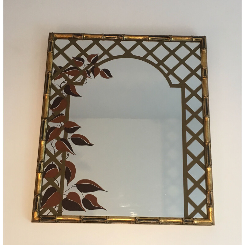 Decorative vintage mirror in gilded wood and printed floral design, 1970