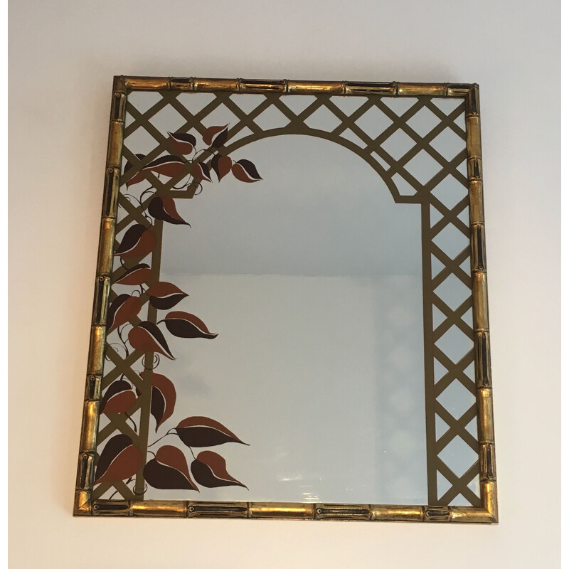 Miroir vintage décoratif en bois doré et décor floral imprimé, 1970