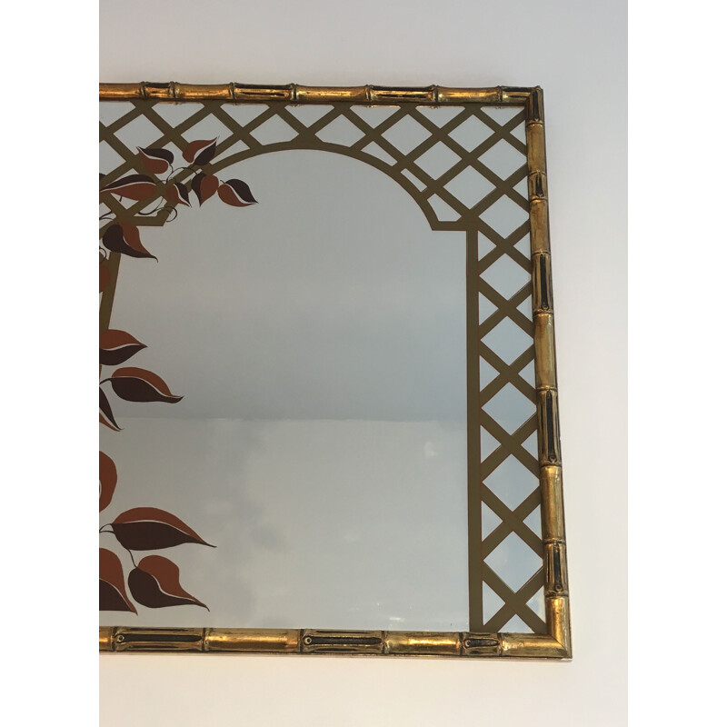 Decorative vintage mirror in gilded wood and printed floral design, 1970