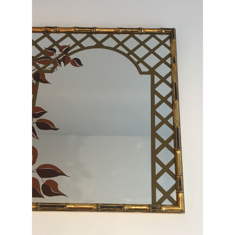 Specchio decorativo d'epoca in legno dorato e disegno floreale stampato, 1970