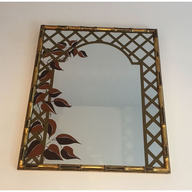 Decorative vintage mirror in gilded wood and printed floral design, 1970