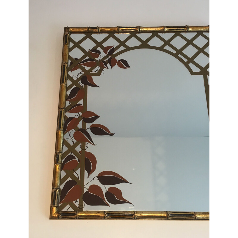 Decorative vintage mirror in gilded wood and printed floral design, 1970