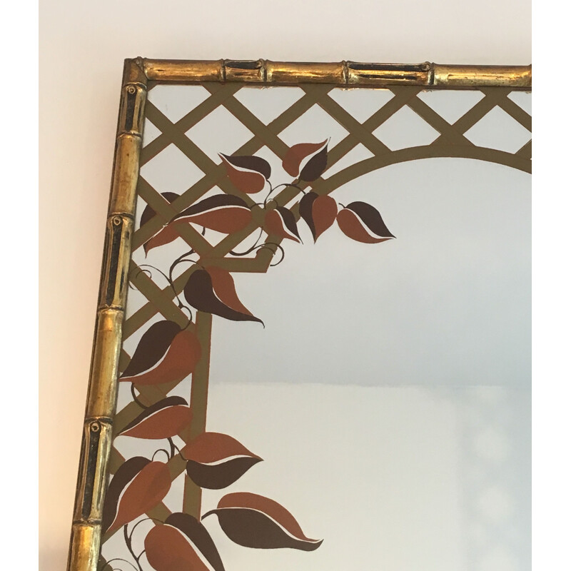 Decorative vintage mirror in gilded wood and printed floral design, 1970