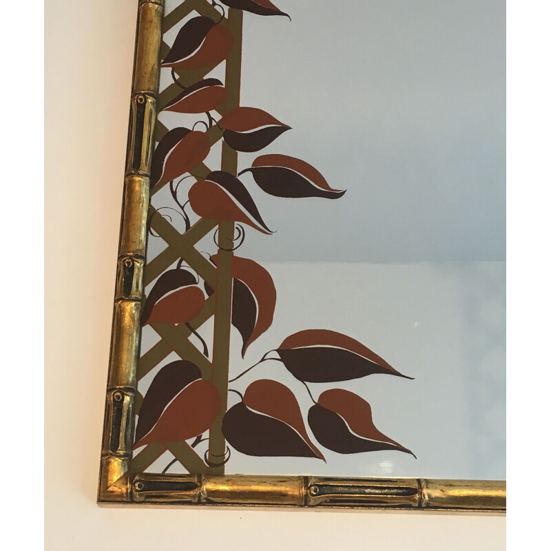 Decorative vintage mirror in gilded wood and printed floral design, 1970