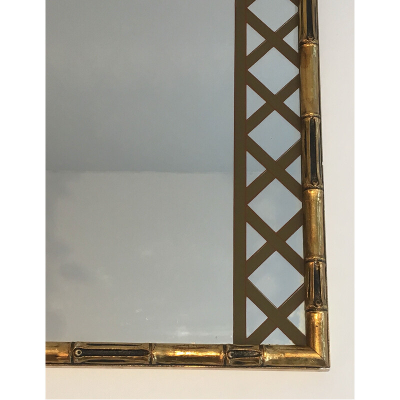 Decorative vintage mirror in gilded wood and printed floral design, 1970