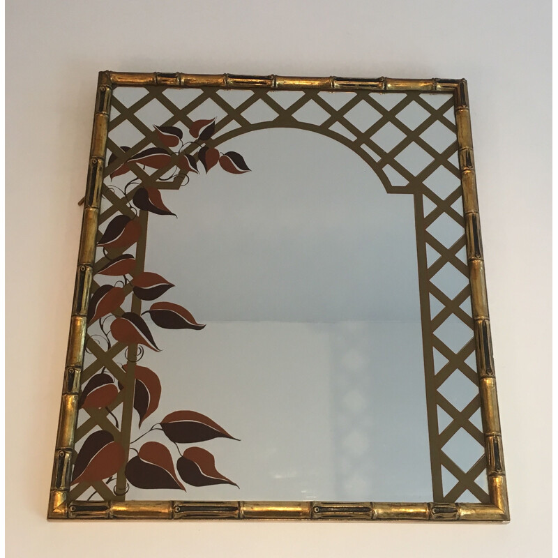 Specchio decorativo d'epoca in legno dorato e disegno floreale stampato, 1970