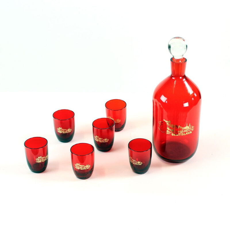 Vintage liquor bottle and glasses set in red glass, Czech 1960