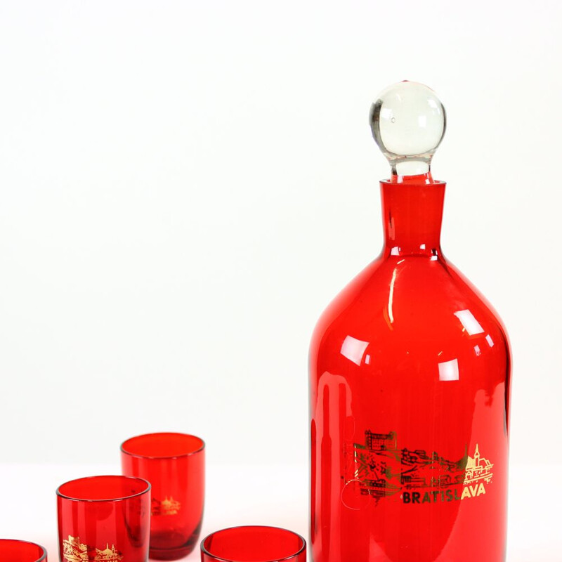 Vintage liquor bottle and glasses set in red glass, Czech 1960