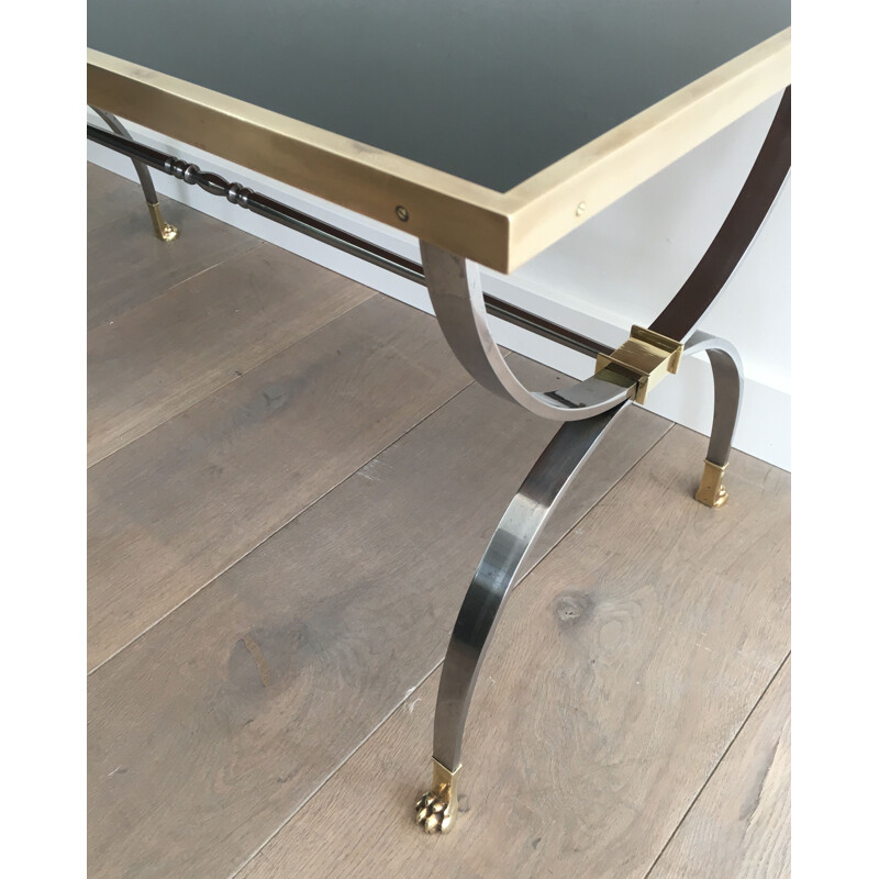 Vintage neoclassical coffee table, brushed steel, France 1940