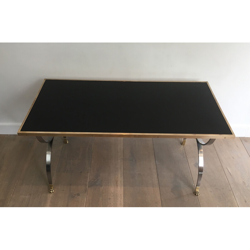 Vintage neoclassical coffee table, brushed steel, France 1940