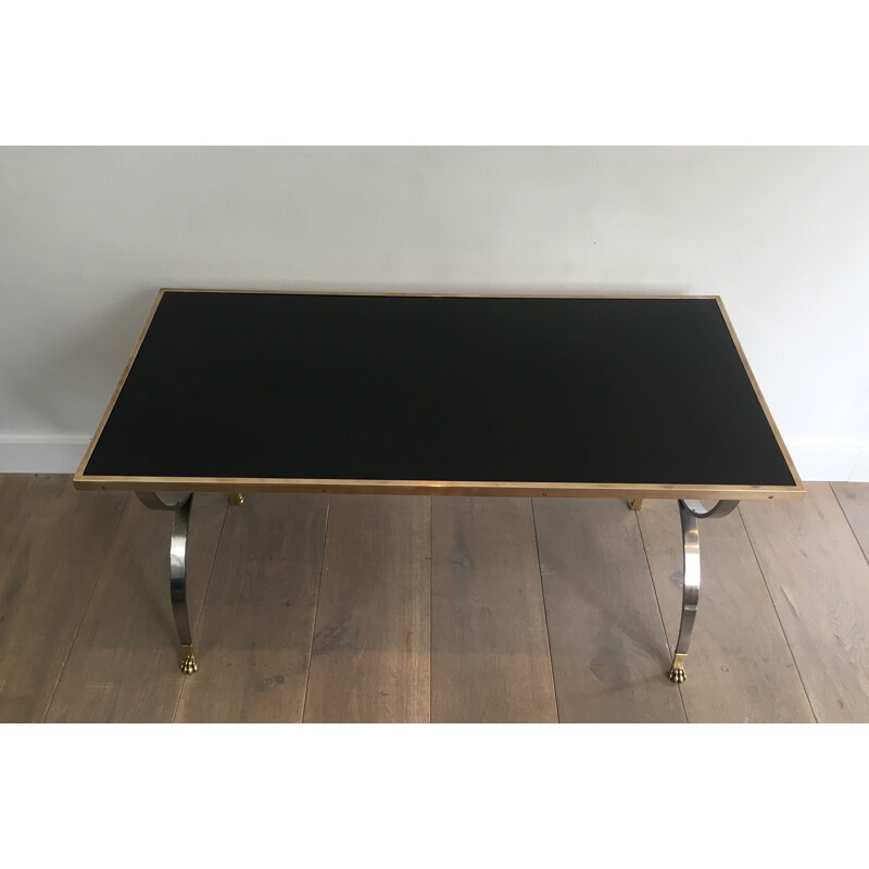 Vintage neoclassical coffee table, brushed steel, France 1940