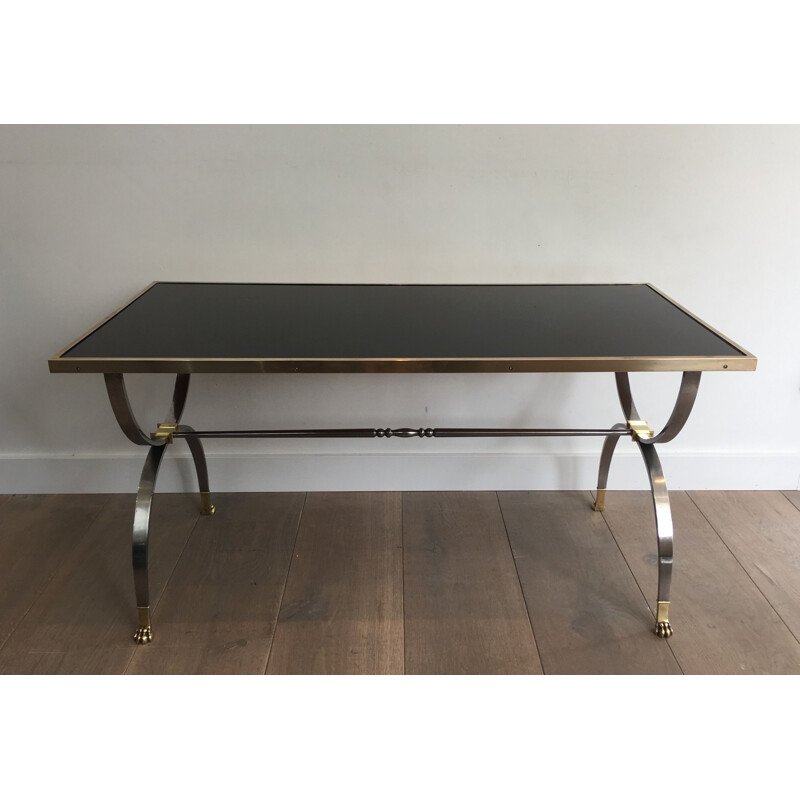 Vintage neoclassical coffee table, brushed steel, France 1940