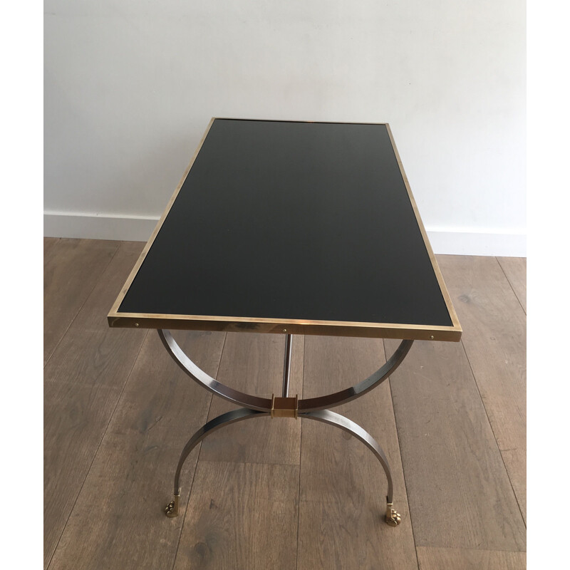 Vintage neoclassical coffee table, brushed steel, France 1940