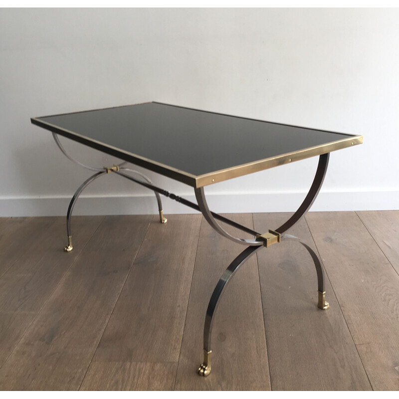 Vintage neoclassical coffee table, brushed steel, France 1940
