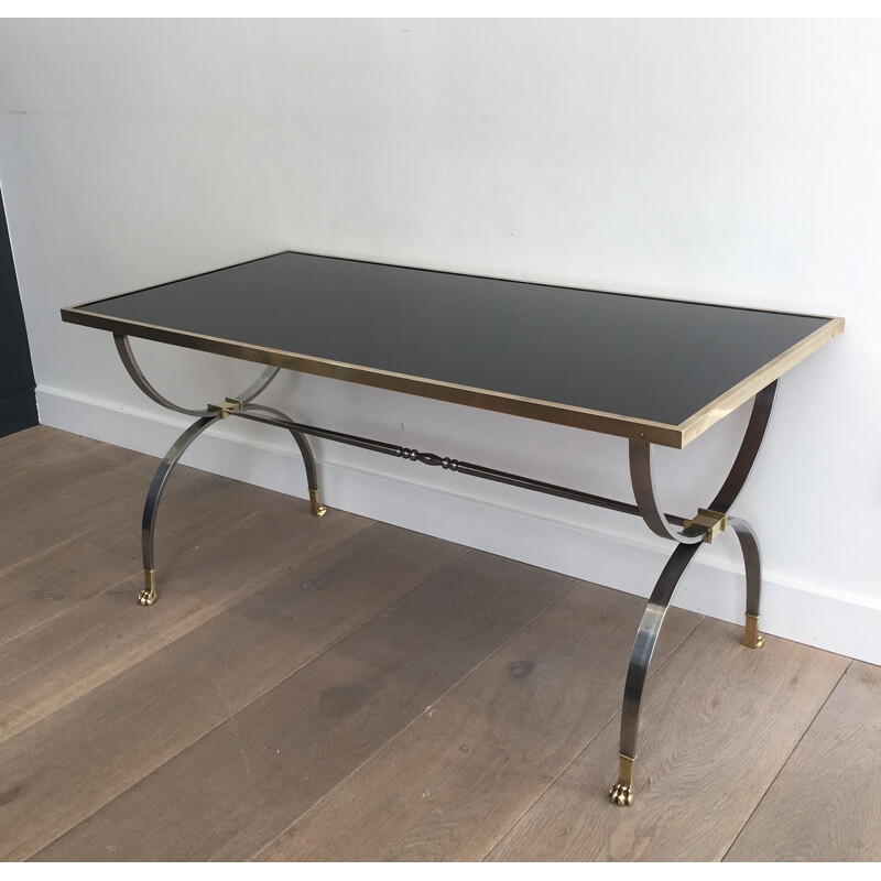 Vintage neoclassical coffee table, brushed steel, France 1940