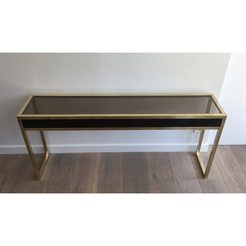 Large Vintage Console in Brass and Black Lacquer 1970