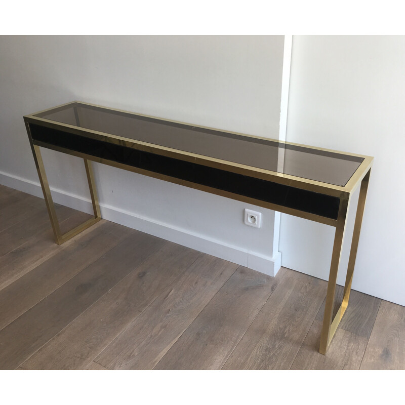 Large Vintage Console in Brass and Black Lacquer 1970