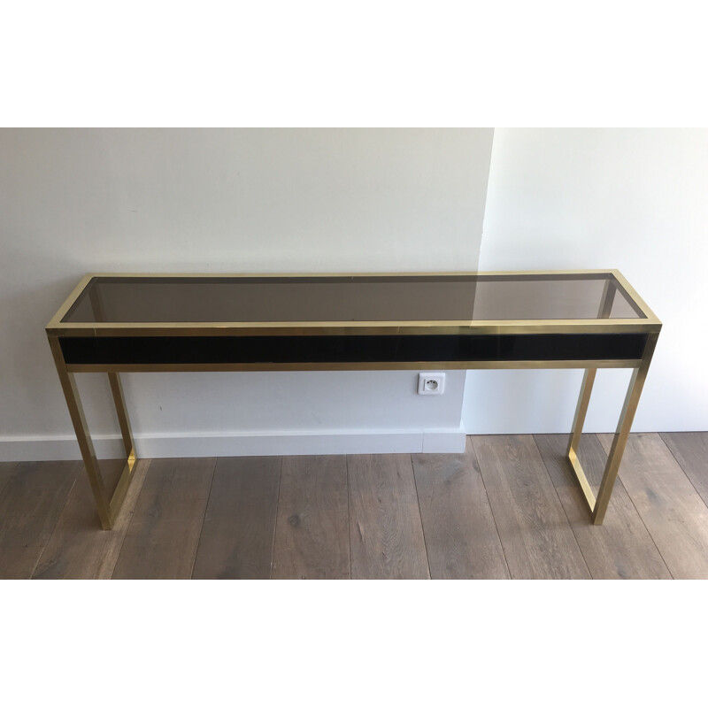 Large Vintage Console in Brass and Black Lacquer 1970