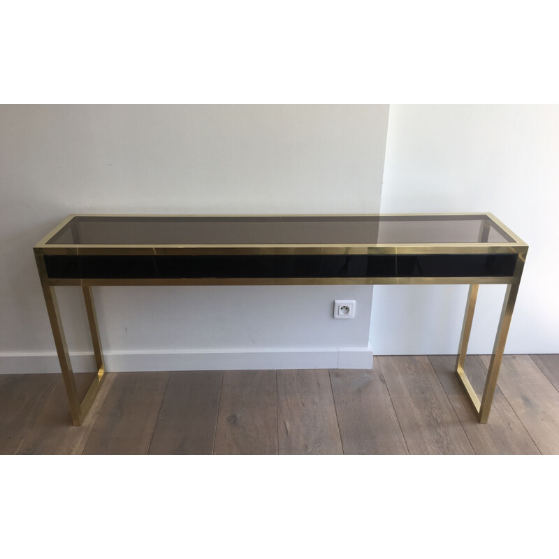 Large Vintage Console in Brass and Black Lacquer 1970