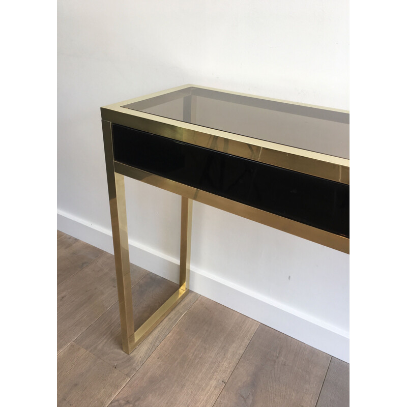 Large Vintage Console in Brass and Black Lacquer 1970