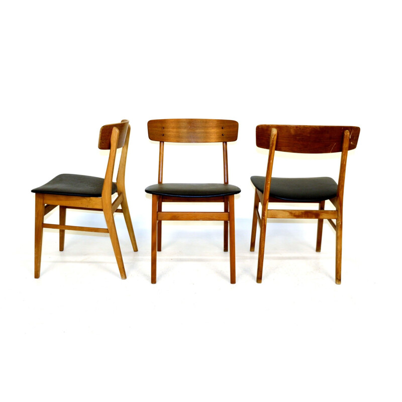 Set of 3 vintage teak and beech chairs, Farstrup, Denmark, 1960
