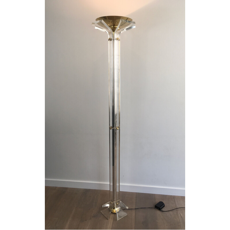 Vintage floor lamp in gilded brass and plexiglass, Italy 1970