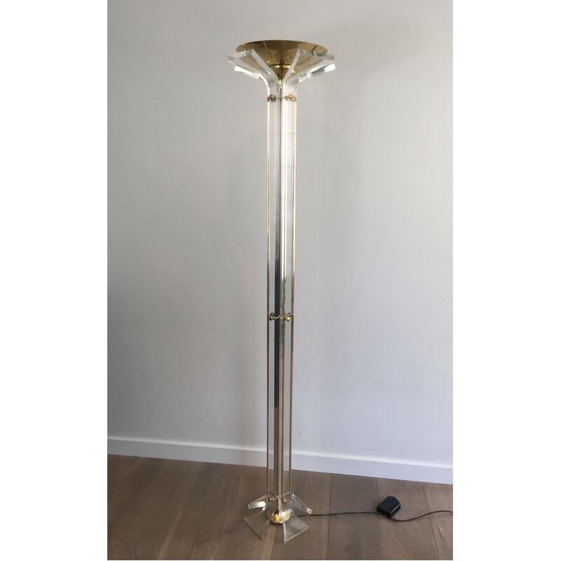 Vintage floor lamp in gilded brass and plexiglass, Italy 1970