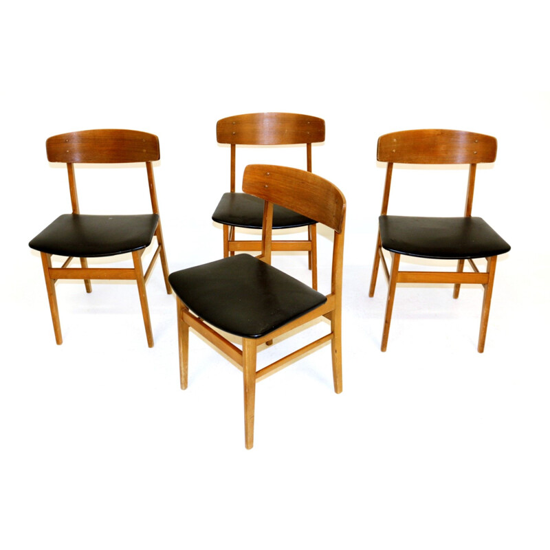 Set of 4 vintage teak and beech chairs, Denmark 1960