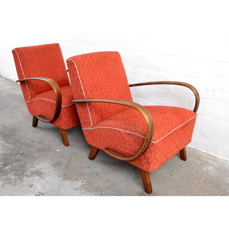 Pair of mid-century red easy chairs, Jindrich HALABALA - 1950s