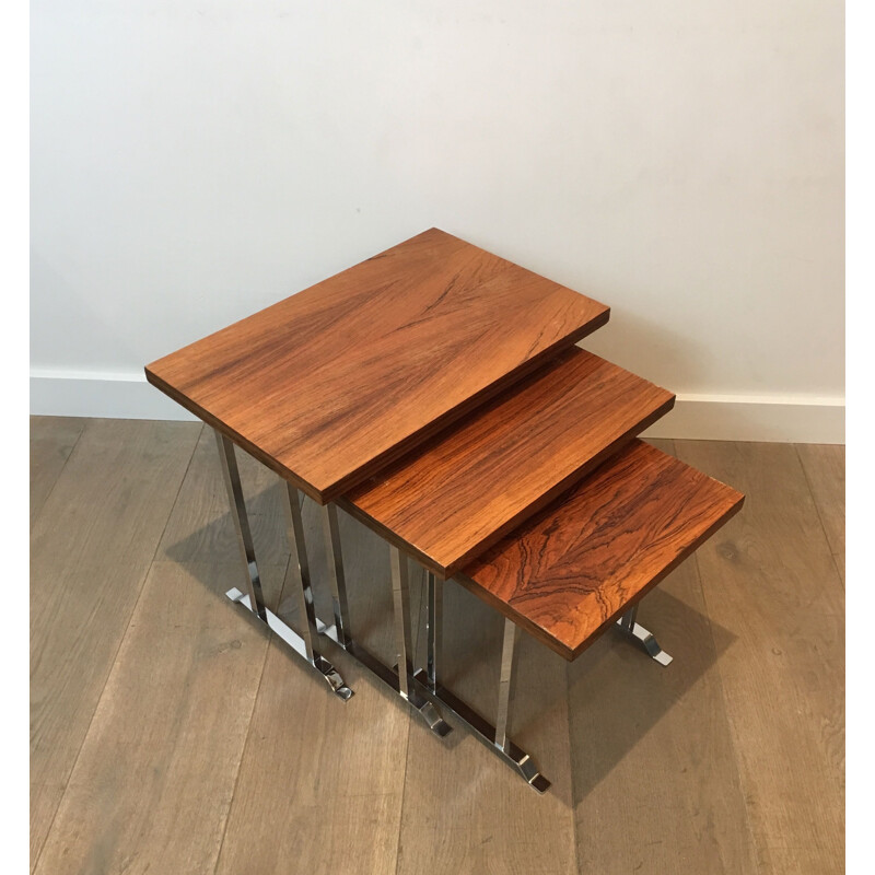 Set of 3 vintage nesting tables in exotic wood and chrome, France 1970