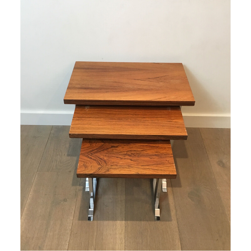 Set of 3 vintage nesting tables in exotic wood and chrome, France 1970