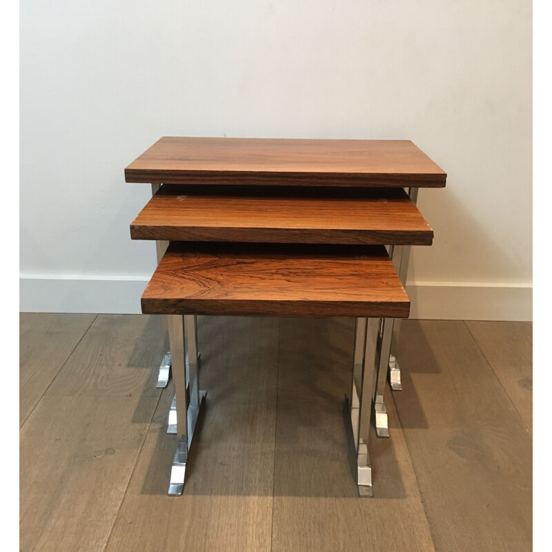 Set di 3 tavolini vintage in legno esotico e cromo, Francia 1970
