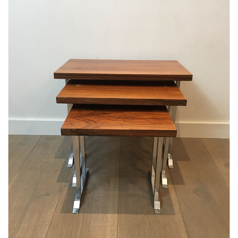 Set of 3 vintage nesting tables in exotic wood and chrome, France 1970