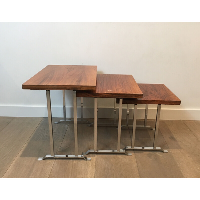 Set of 3 vintage nesting tables in exotic wood and chrome, France 1970